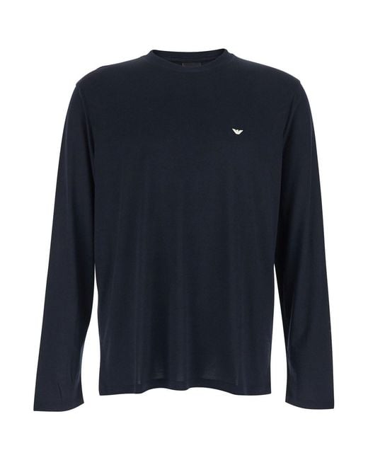 Emporio Armani Blue Crew Neck T-Shirt With Logo Embroidery for men