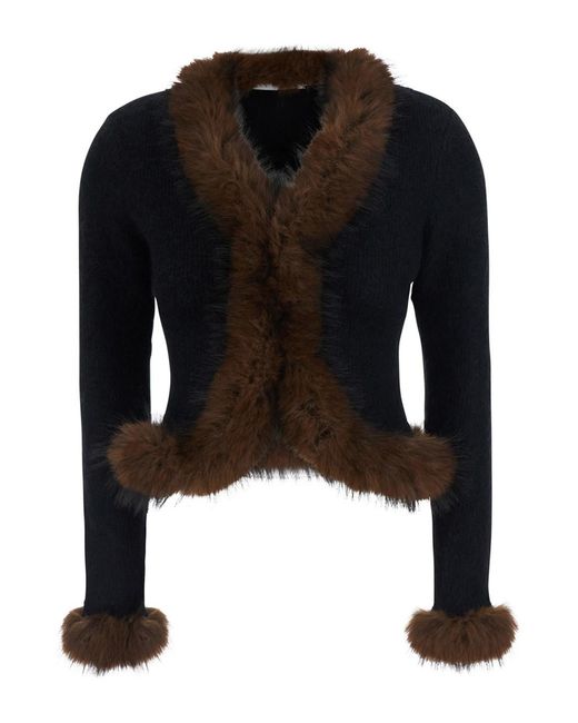 Self-Portrait Black Faux Fur Cardigan With Collar And Long Sleeves