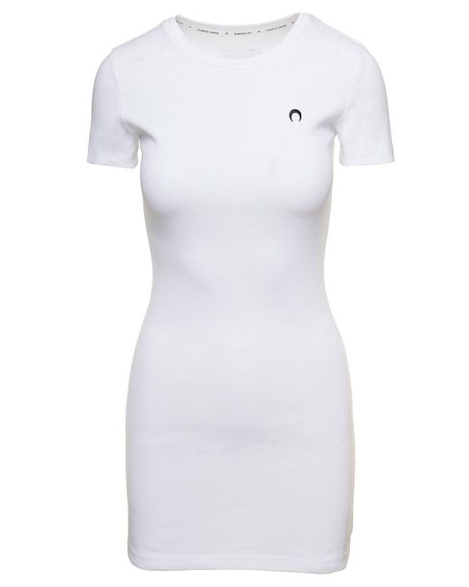 MARINE SERRE White Mini Fitted Dress With Contrasting Logo Print In Cotton Woman