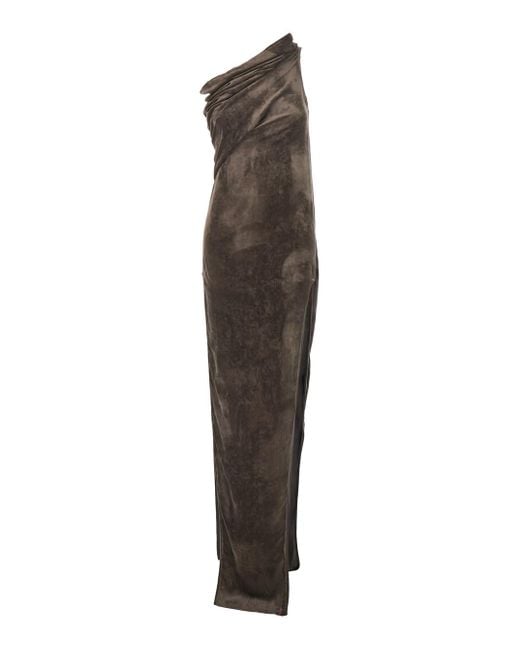 Rick Owens Brown 'Athena Arrowhead' Asymmetric Long Dress With Ruched Neckline And Side Single Slit