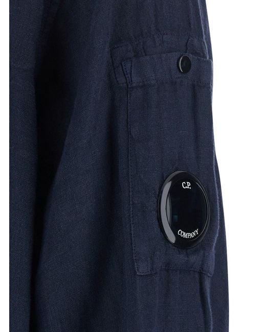 C P Company Blue Shirt With Classic Collar And Logo Plate On The Sleeve for men