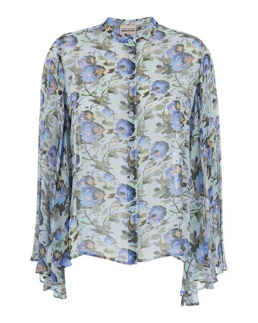 Semicouture Blue Round Neck Blouse With Ruffles And All-Over Floral Print I