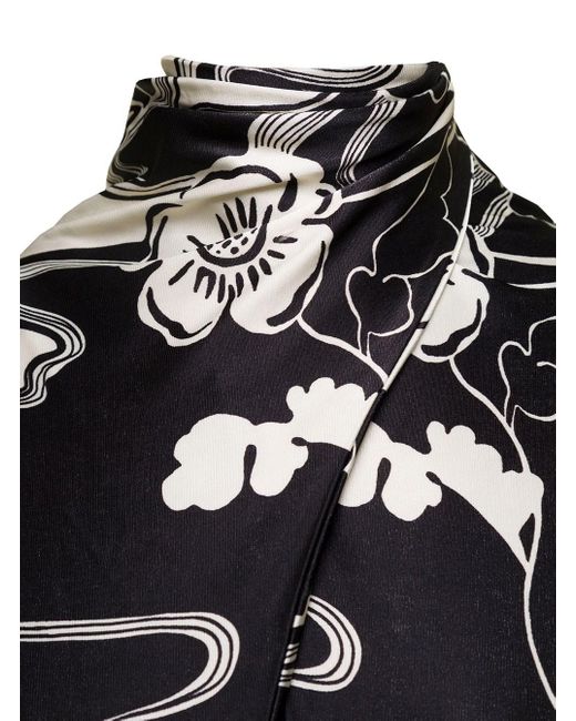Jil Sander Midi Black And White Floreal Printed Dress With High Neck In Viscose Blend