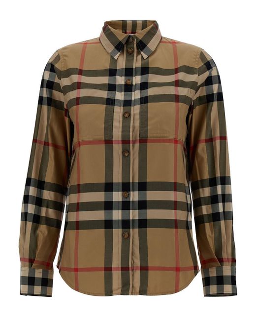 Burberry Green Beige Long Sleeve Shirt With Vintage Check Motif In Cotton Woman