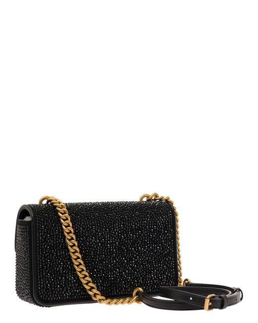Pinko Black 'Mini Love One' Shoulder Bag With All-Over Rhinestones In
