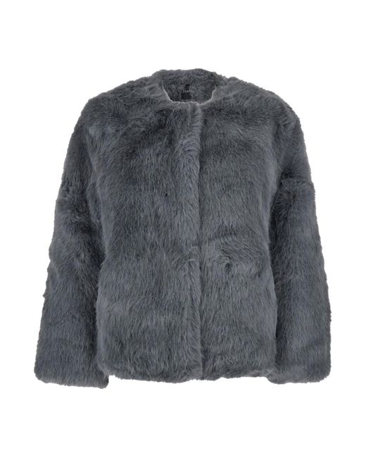 Plain Gray Fur Jacket With High Neck And Concealed Front Closure