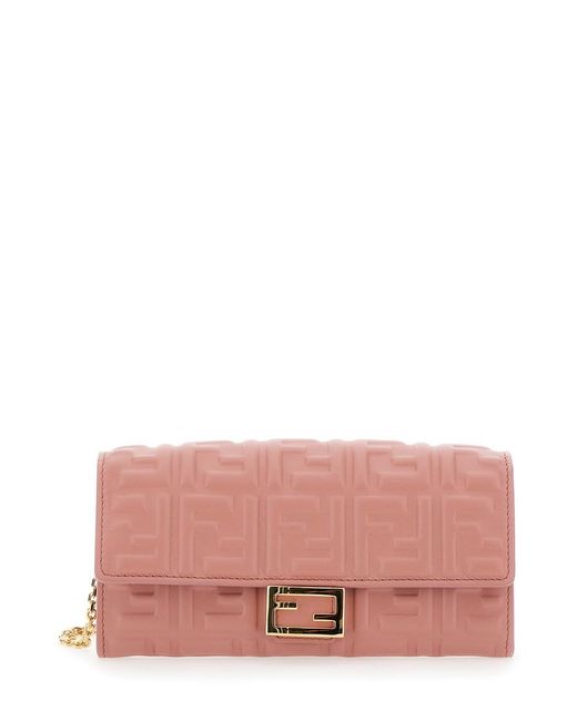 Fendi Pink Continental With Chain Baguette Leather Crossbody Bag