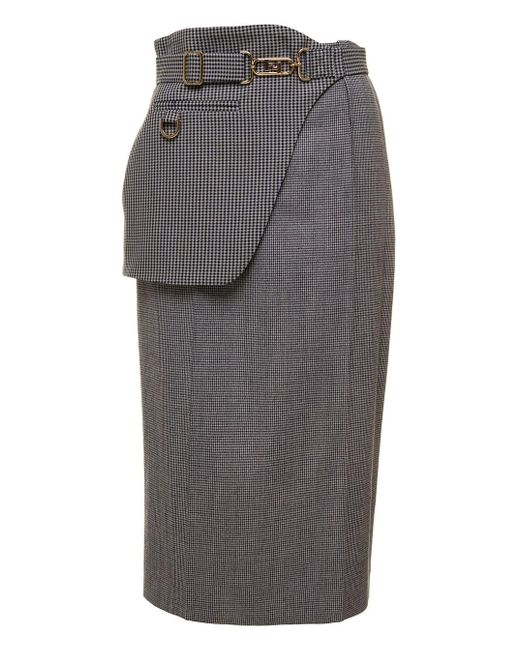 Fendi Gray Grey Houndstooth Longuette Skirt In Wool Woman