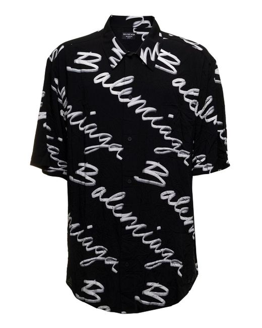 Balenciaga Black Man's White And Viscose Shirt With All-over Logo Print for men