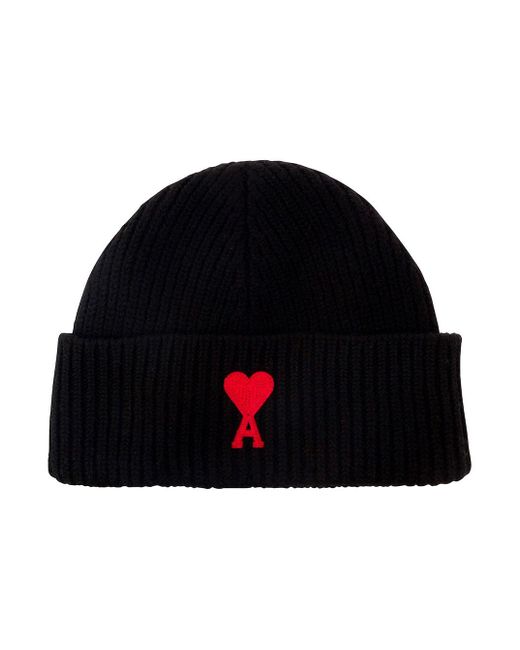 AMI Black Beanie With Contrasting Logo In Wool Man