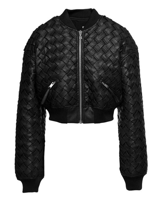 ROTATE BIRGER CHRISTENSEN Black Cropped Bomber Jacket In Braided Faux Leather