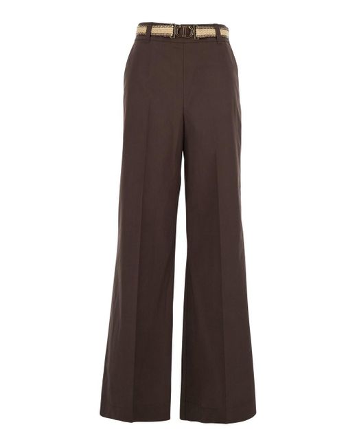 Twinset Brown Pants With Waist Belt And Metallic Logo Plaque