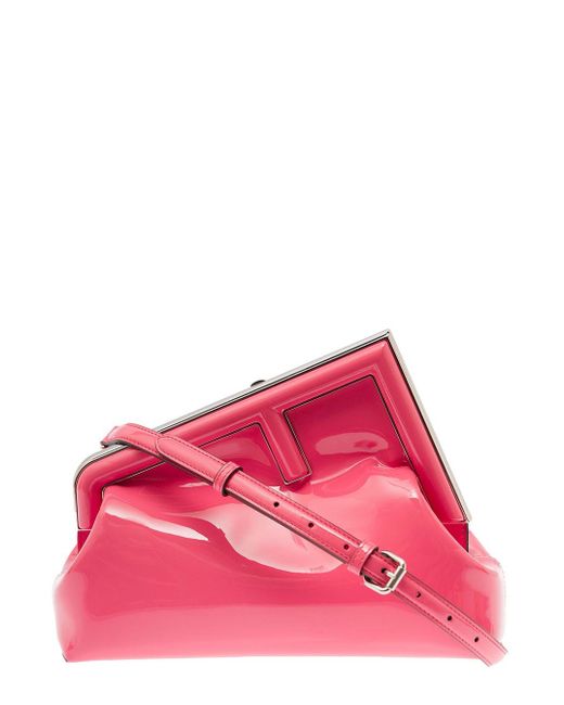 Fendi Red ' First Midi' Handbag With Oversized Metal F Clasp In Patent Leather Woman