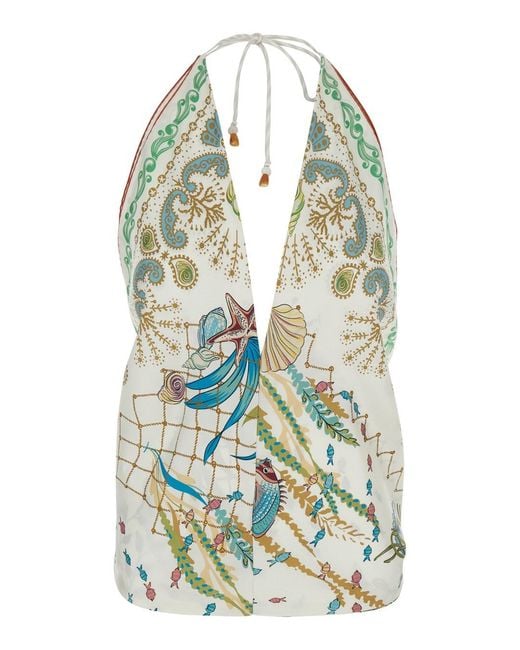 Mantero 1902 White 'Erita' Top With All-Over Print And Knot Closu