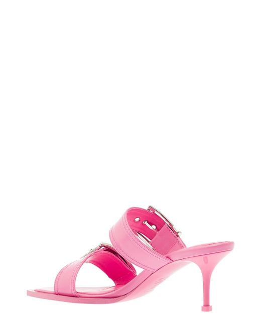 Alexander McQueen Pink Buckled Leather Slip-On Sandals