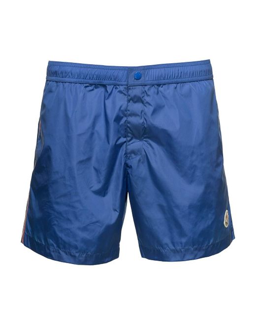 Moncler Blue E Swim Trunks With Logo Patch And Flap Pocket In Nylon Man for men