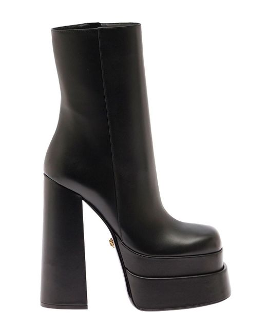 Versace Black Booties In Leather With Platform And High Block Heel Woman