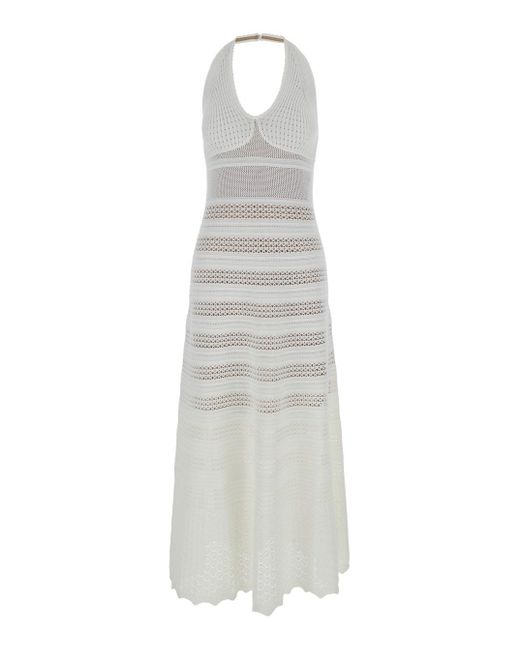Twin Set White Long Perforated Dress With Halterneck