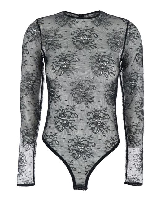Dolce & Gabbana Gray Bodysuit With All-Over Floral Embroidery And Semi-Sheer Design