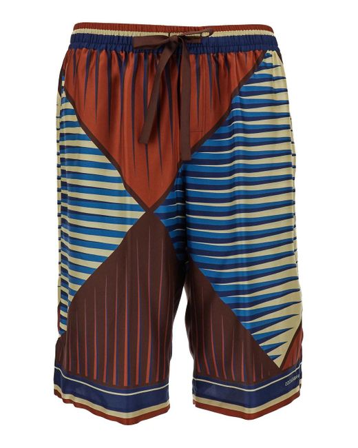 Dolce & Gabbana Blue Bermuda Shorts With Multicolor Geometric Print In Silk Man for men