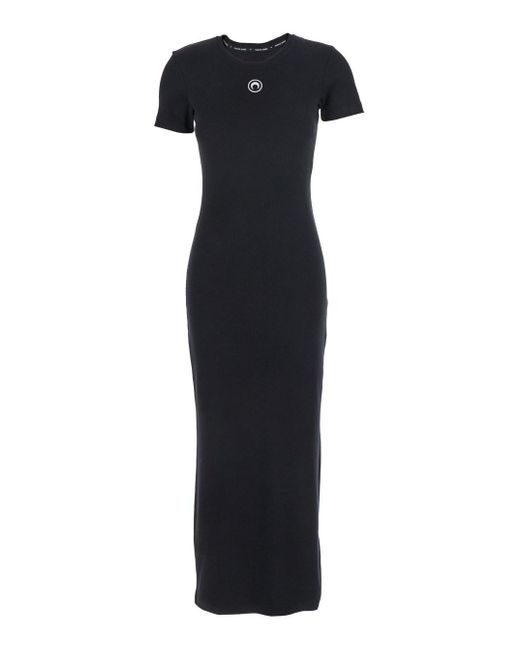 MARINE SERRE Black Long Dress With Crescent Moon Logo Embroidered On T