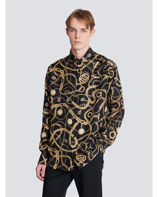 Camicia Con Colletto A Punta E Stampa Catena Con Logo di Balmain in Multicolor da Uomo