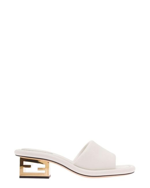 Fendi White Mules With Sculptural Heel With Ff Baguette Motif In Leather Woman