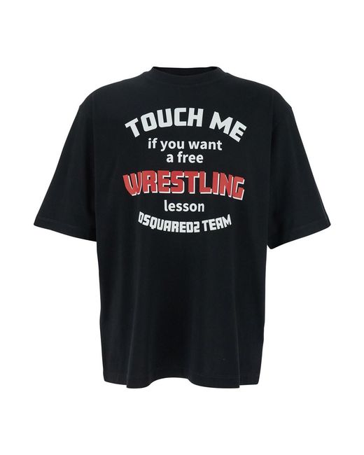 DSquared² Black Crewneck T-Shirt With Print On The Front for men