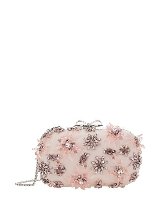 Self-Portrait Pink Clutch Bag With Floral Embellishment And Bow Detail