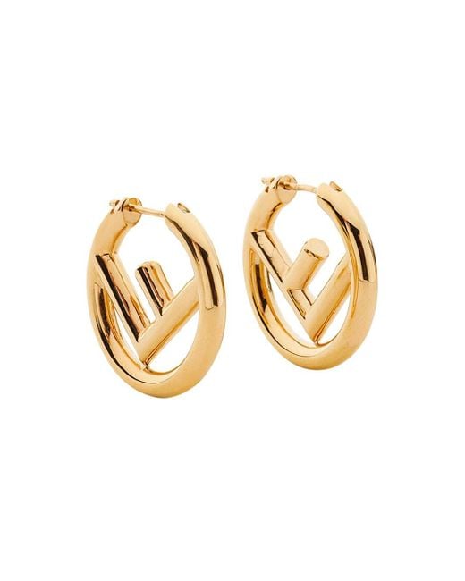Fendi Metallic 'f Is ' Gold-colored Hoop Earrings With Logo In Bronze Metal