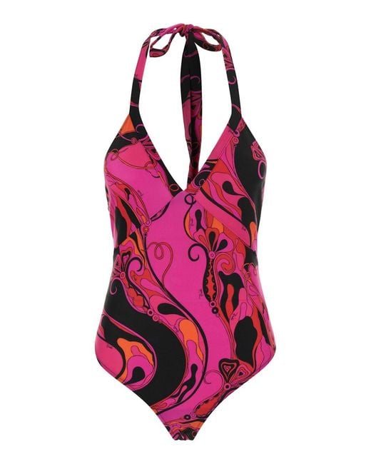Emilio Pucci Pink Fuchsia Swimsuit With Asymmetric Neckline And All-Over Orchidea