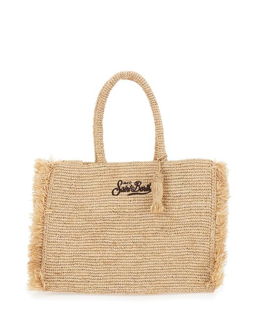 Mc2 Saint Barth Natural 'Vanity' Handbag With Fringed Edges And Logo On