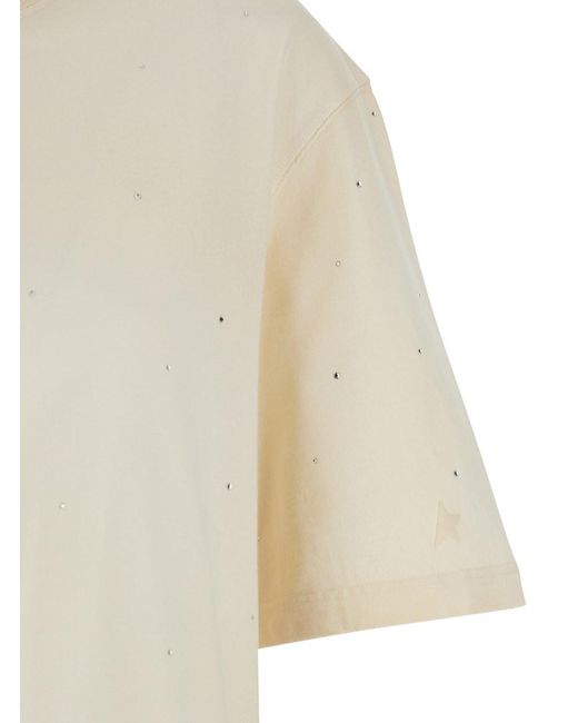 Golden Goose Deluxe Brand White T-Shirt Crew Neck With Back Print And Rhinestone Decoration