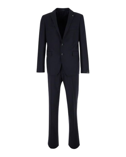 Tagliatore Blue Single-Breasted Suit With Logo Pin for men