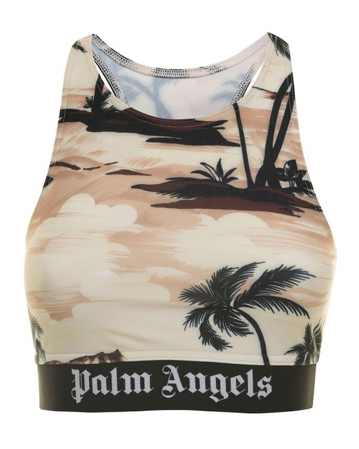 Palm Angels Gray Beige Sports Bra With Miami Print And Elastic Band In Stretch Fabric