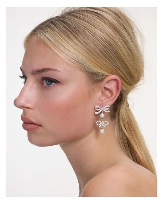 Self-Portrait White Colored Earings With Double Bow And Crystal Embellishments