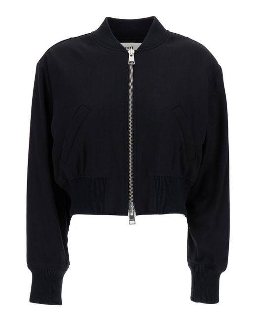 AMI Black Crop Bomber Jacket With Logo Patch In Wool Blend Woman