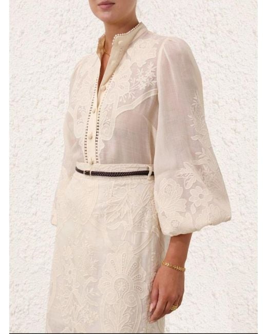 Zimmermann Natural Blouse With Embroidery And Puffed Sleeves