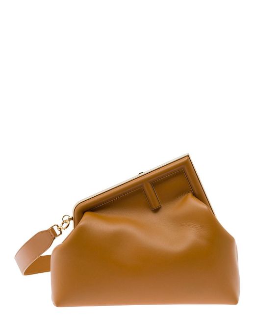 Fendi Brown 'medium First Logo' Handbag With Shoulder Strap In Leather