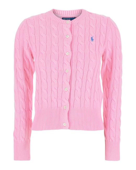 Polo Ralph Lauren Pink Crewneck Cable Knit Cardigan With Pony Embroide