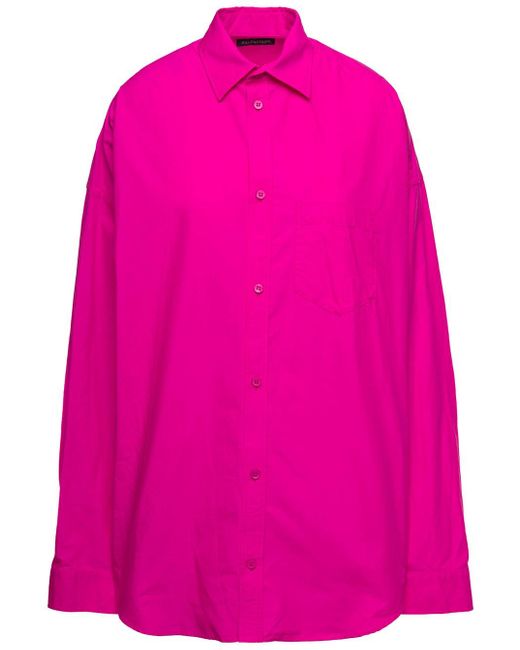 Balenciaga Pink Fuchsia Shirt With Long Sleeves And Contrasting Logo In Cotton Woman