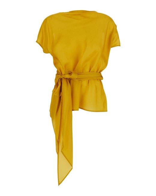 ..,merci Yellow Crew Neck Shirt With V-Neck On The Back And Draping On Th