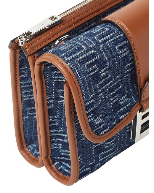 Fendi Blue 'Baguette Double' Crossbody Bag With Magnetic Ff Closure And All-Over Motif for men
