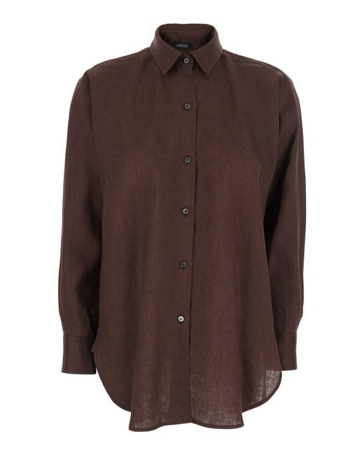 Le Plain Brown Linen Shirt With Classic Collar And Button Closure