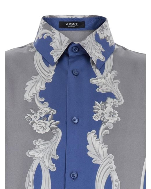 Versace Blue Silk Shirt With Medusa Cameo Print for men