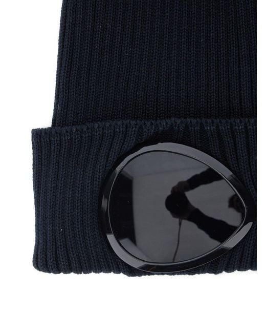 C P Company Blue Knit Beanie With Google Detail On The Front for men