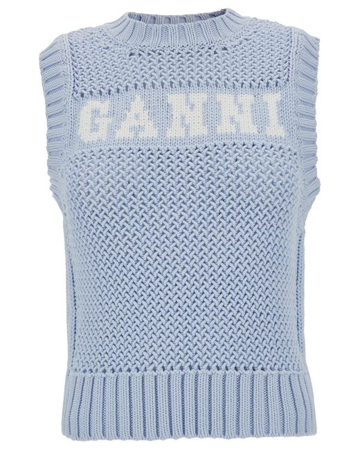 Ganni Blue Light Knit Vest With Intarsia Logo
