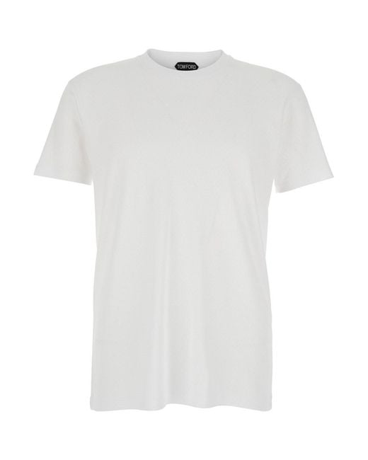 Tom Ford White Crewneck T-Shirt With Logo Embroidery On The Front And Perforated Design for men