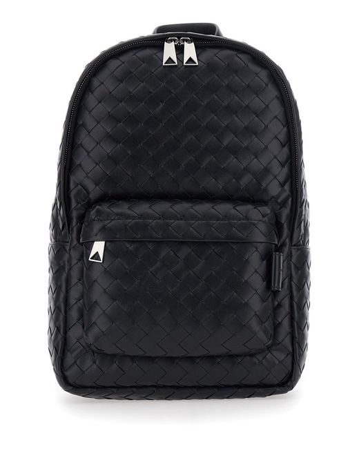 Bottega Veneta Black Small Backpack With Zip Pocket On The Front And Intreccio Motif