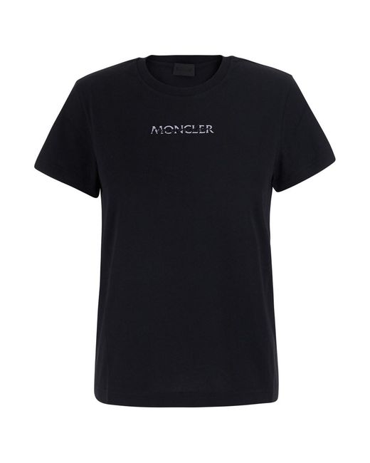 Moncler Black Crew Neck T-Shirt With Logo Lettering On The Front And L
